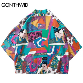 GONTHWID Japoneză Ukiyo-e Geometrice Colorate Patchwork Print Kimono Cardigan Haori Jachete Streetwear Hip Hop Deschisă Față de Paltoane