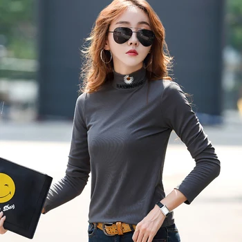 Guler T Camasa Femei Maneca Lunga Slim Elasticitatea Imprimare Femeie Tricouri Tricouri coreean Casual Femme T-shirt 2020 Feminin Toamna
