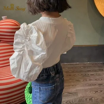 Moda Fetita Din Bumbac Tricou Manșon De Puf Infant Toddler Fata Pincess Tricotate Bluza Cu Maneca Lunga De Toamna Primavara Top Solid Bluza