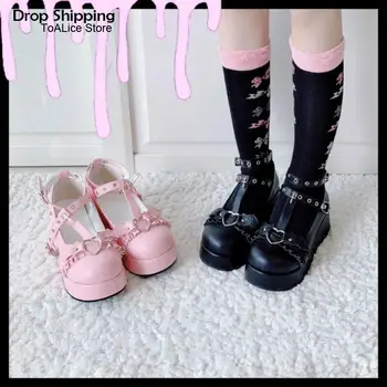 Japonia Negru Demonia Platforme Pantofi Drăguț Punk Gothic Lolita Princess Papusa Cosplay Pantofi Loli Fete Kawaii cu Toc de 5.5 cm