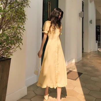 Rochie lunga de Vara 2020 vintage doll collar manșon de puf galben ocazional o-linie elegant franceză rochie femei halat de femme