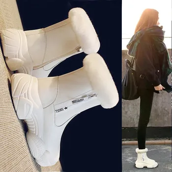 Femei din piele Indesata Cizme Iarna, Blana Groasă Cald Femeile Platforma Adidasi 2020 Moda Boot Femeie Pantofi negri