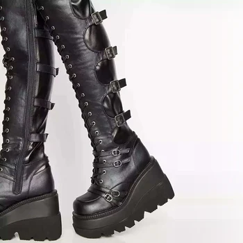 2021 Iarna pentru femei cizme din piele lungi pantofi Sexy Coapsă Ridicat Peste Genunchi Cizme negre din Dantela-Up Cizme PU Dimensiune 35-43