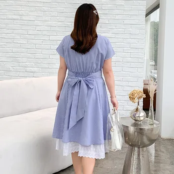 Femei vara cu dungi V-gat buton dantela navetiști rochie plus dimensiune genunchi lungime rochie casual 100 kg poate fi purtat
