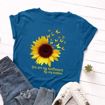 Plus Dimensiune S-5XL Femei de Floarea soarelui, de Bumbac Imprimare de Bază T-shirt Estetice Harajuku Florale Topuri de Vara de Mari Dimensiuni Fluture tricou