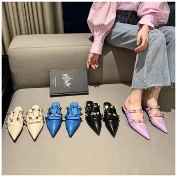 2021 Nou Brand Pentru Femei Papuci De Casa De Moda Nit Subliniat Toe Slip Pe Catâri Pantofi Doamnelor Toc Plat Slide-Uri De Primavara Casual În Aer Liber Sanda