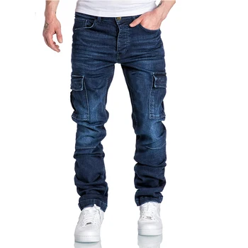 Blugi barbati Pantaloni Jeans stil European de Moda Casual, Buzunare Mari Hip-Hop Skateboard Pantaloni Barbati Denim Albastru de Brand