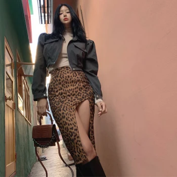 Yuqung Primăvara Iarna Femei Faux Piele De Căprioară Piele De Leopard De Imprimare Talie Mare Parte Fantă Bandaj Petrecere Fusta Casual Bodycon Split Midi Jupe 2020