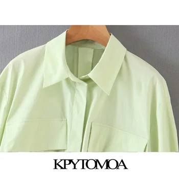 KPYTOMOA Femei 2020 Moda Buzunare Supradimensionate Trunchiate Bluze Vintage Rever Guler Maneca Lunga Femei Tricouri Blusas Topuri Chic