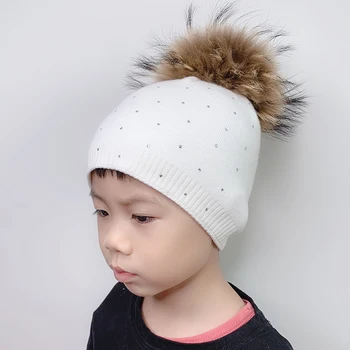 Pălării De Iarnă Pentru Copii Copii De Lână, Căciuli Tricotate Capac Real Pompom Blană Copil Pălărie Stras Chelioși Fete Baiat Palarie