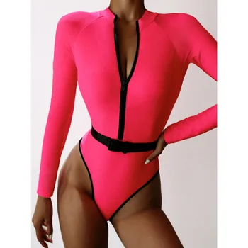 Noua Culoare Roz-O Bucată de costume de Baie Centura Maneca Lunga, Costume de baie Sport pentru Femei Înot Costum de Baie pe Plajă Uzura Scăldător Surfing 2021