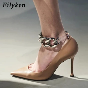 Eilyken De Moda De Argint Mare Lanț De Proiectare Femei Tocuri Inalte Sexy Degetul Ascutit Cataramă Glezna Curea Sandale De Doamnelor Pompe De Pantofi De Nunta