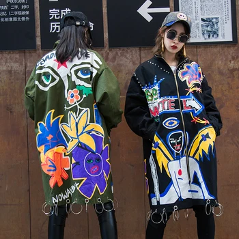 Harajuku Nit Trech Femei Haina Militară Canadiană Graffiti Îmbrăcăminte de Metal Inel de sex Feminin Timp Liber Armata Haina Verde SA098S30