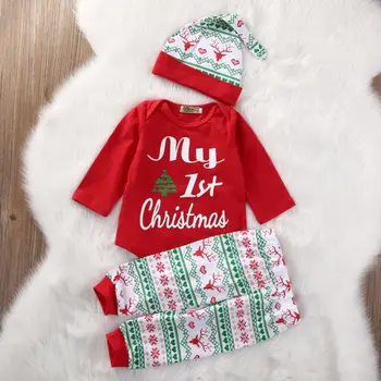 Copil nou-născut Băiat Fete Haine de Crăciun 3PCS Drăguț de Crăciun Roșu Romper Topuri cu Maneci Lungi Pantaloni Legging Pălărie, Costum de Haine Seturi