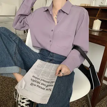 Bluza Femei Vintage Violet coreean Șic Guler de Turn-down Retro Primăvară Doamnelor Blusas Topuri Toate-meci Casual Moale Femme de Moda de Top
