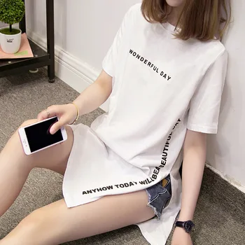 Plus dimensiune ZI MINUNATA de Imprimare Lunga tricouri Vara Femei Vrac Partea de Fantă Femme Topuri de Bumbac Tricou maneca Scurta Doamnelor t-shirt