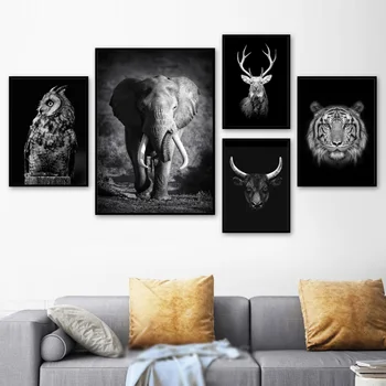 Alb Negru Elefant Bufnita Vacă, Cerb, Tigru Animale Arta De Perete Panza Pictura Nordică Postere Si Printuri Poze De Perete Pentru Camera De Zi