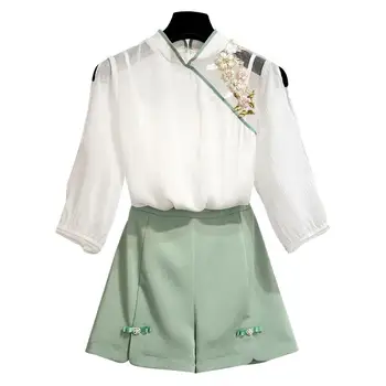 ICHOIX broderie bluza femei 2 bucata set elegant topuri și pantaloni scurți set primavara-vara 2 bucată de costume de stil Chinezesc set
