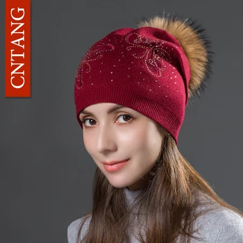 CNTANG Moda Stras Fluture Tricotate din Lână Capace de Toamna Iarna Cald Pălării Pentru Femei Naturale Blană de Raton Pompon Căciuli Pălărie