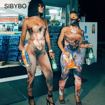 Sibybo Piept Sexy Folie De Imprimare Salopeta Pentru Femei De Vară De Pe Umăr Rochie Bodycon Salopetă Corpul 2021 Feminin Nou Backless De Fitness Salopete