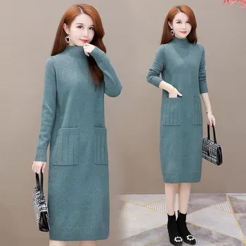 Femei rochie din tricot de culoare bej 2020 toamna iarna nou moda coreeană slim cu maneca lunga genunchi-lungime bottom rochii feminina LD1432