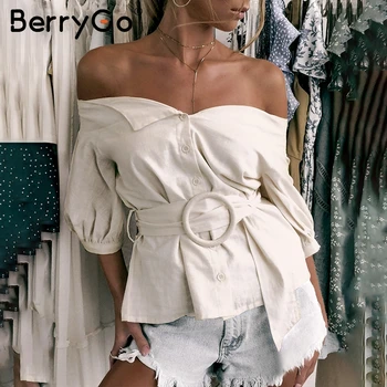 BerrygGo de Pe umăr bluza femei tricou bluza butoane de Vară lantern maneca eșarfe bluza feminin Casual vintage topuri 2019 Noi
