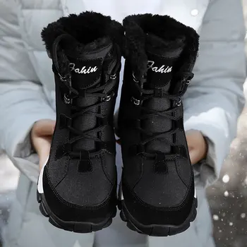 Iarna barbati Garnitură de Pluș Confortabil unisex de la Jumătatea Vițel Cauciuc Unic Dantela-up Pantofi Casual Dantela Neagra Drumeții Pantofi Pantofi pentru Femei Cizme de Zăpadă