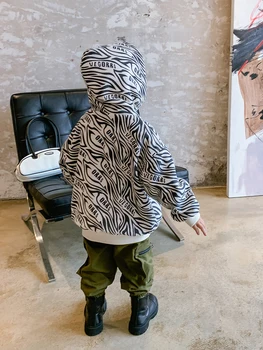 Băiatul e Plin de Imprimare cu Dungi cu Căptușeală Lână Îngroșat Brand de Moda Cald Hanorac Medie si Mare Stil coreean de Iarna la Modă