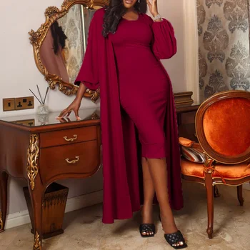 African Două Seturi de Piese, Rochie si Sacouri Femei Cardigan Strat Solid de Culoare Doamna Eleganta Casual Fashion 2021 Primăvară Costume de sex Feminin