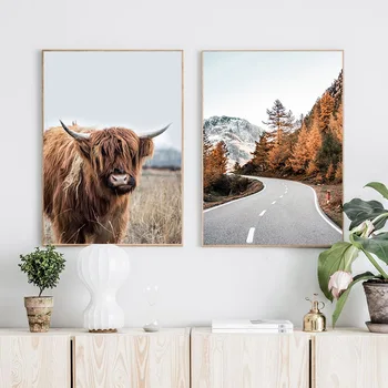 Scandinave Decor Imagine De Toamnă, Natură, Peisaj, Arta De Perete Poster Stil Nordic Căprioară Vacă De Munte Imprimare Panza Pictura