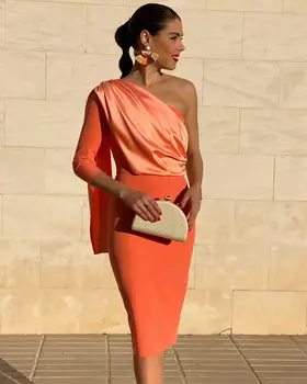 Halat de soriee Nou cu Maneci Lungi Scurte de Cocktail Rochii de Partid Cu Capul pe Un Umăr Femei 2020 Formale Sexy Orange Rochii de Bal