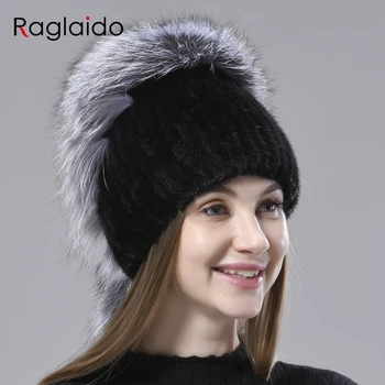 Pălării de blană pentru Femei Tricotate Nurca, Vulpe Pufos Iarna Cald Pălării de sex Feminin Beanie pentru Cap de 55-60cm Elastic Naturale Caciula de Blana