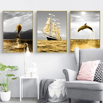 Golden Ocean Peisaj Arta de Perete Panza Pictura Delfin Postere si Printuri Acasă Imagini Decor de Perete pentru Living Decorul Camerei