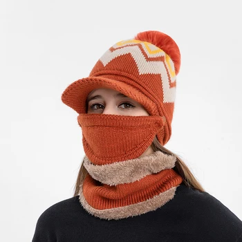 Iarna noi Femeile Ciclism Palarie Cald eșarfă set masca de Lână, Căciuli Chelioși Pălărie Guler Salopete de sex Feminin de Catifea Groasă Anti-smog Tricot Capac