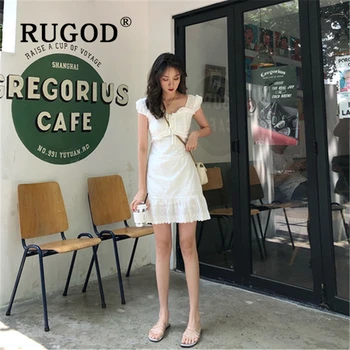RUGOD Elegant puff maneca dantela gol afară femei rochie coreea elegant dantela-up rochie mini Moda alb rochii de vara vestidos 2019