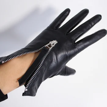 Touchscreen din Piele Mănuși 21cm Scurt Stil Pur Importate din piele de Capra Piele Strălucitoare Negru de sex Feminin Touch Argint cu Fermoar WZP10