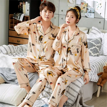 Primăvara Și Toamna Cuplu Lounge Pijamale Femei Satin Pijamale Barbati cu Mâneci Lungi Moale Cald Pijamale Costum Sleepwear