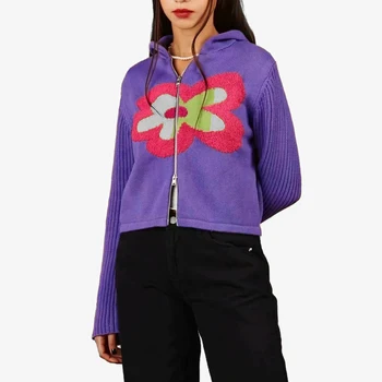Femei Tricotate Cardigan Cu Gluga Tricotate Zip Through Hoodie În Violet