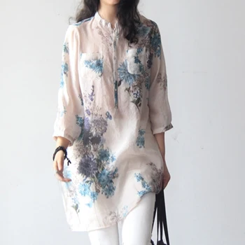 Lenjerie De Pat Din Bumbac Tricouri Femei Vintage Moda Print Floral Bluze Casual, Topuri Largi De Sex Feminin Cămașă Lungă Blusas Tunica Stil Chinezesc