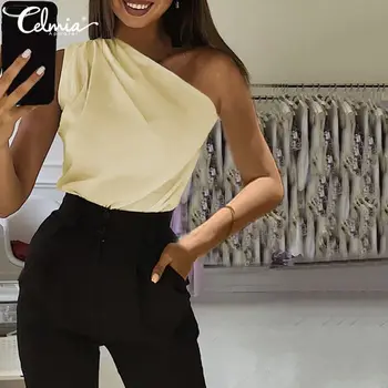 Femei De Moda De Vara Tricouri Fără Mâneci Celmia Sexy De Pe Umăr Topuri Bluze 2021 Casual Solide Office Elegante Plus Dimensiune Blusas 7