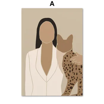 Cu părul lung Moda Femeie Și Pisică pisică Neagră, Pisică Albă Panza Pictura Arta de Perete Postere Și de Imprimare Pentru Living Home Deco