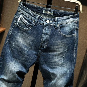 Moda Blugi Barbati Slim fit Albastru Întindere Primăvara și Toamna Casual Denim Pantaloni Dungi Buzunare Pantaloni pentru Bărbați Gunness Pentru Bărbați 2021