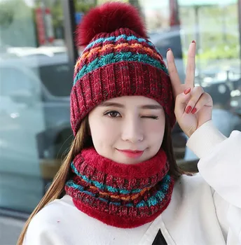 Femei Iarna Căciuli Tricotate Pălărie Eșarfă Set Pentru Fete Femeie De Pluș Cald Pălărie Și Eșarfă Inel Copil De Sex Feminin De Moda Pom Pom Cap Eșarfe