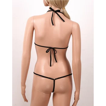 Femei Sexy Lenjerie de corp Metalic Lucios Micro Mini Bikini Set de Lenjerie de Căpăstru Tie-pe Triunghi Bralette Sutien Top cu G-String Thong