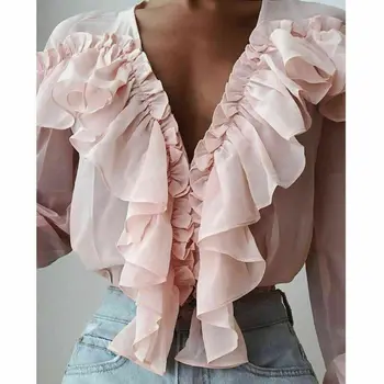 Femei Șifon Zburli Bluza dulce șifon bluza cu volane V gatului maneca lunga femeie drăguț moda casual camasa roz bluze elegante