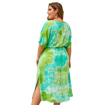 Tie Dye Dress Vară 2020 Sexy V-Neck Maneca Scurta Femei Casual Imprimare Midi Rochii Plus Dimensiune Haine de Bumbac Split Boho Dress 4XL