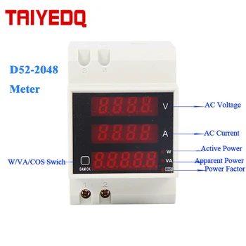 D52-2048 Șină Din Digital cu LED-uri Voltmetru, Ampermetru de Curent Contor Activ Factorul de Putere AC80-300V Multifuncțional Metru 100A