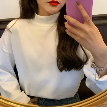 Mânecă lungă T-shirt Femei Îngroșa Plus Catifea de Agrement Jumătate Guler Stil coreean Liber Femme Bază Solidă Toate-meci de zi cu Zi Noi