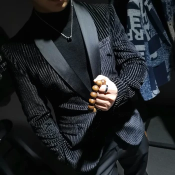 Coreea Style Catifea Aur Stripe Blazer Om Costume De Scenă Pentru Cantareata Elegante Sacouri Pentru Bărbați Blazer Hombre Terno Masculino Negru