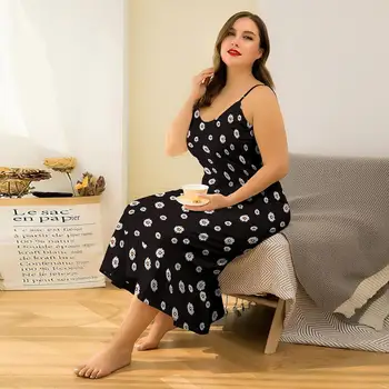 DOIB Negru Curea de Spaghete Pijamale de Mari Dimensiuni Femei Florale Imprimare Pijamale Unduiri Rochie Oversize Plus Dimensiunea Rochie de Vară